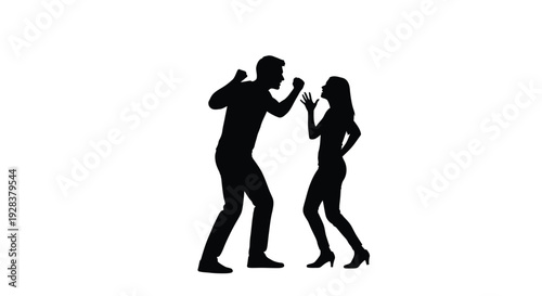 Couple arguing intensely man gesturing aggressively towards a woman silhouette