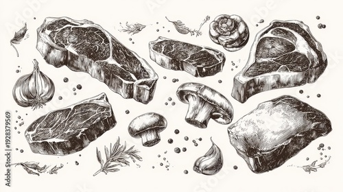 Monochrome steak trio drawing with mushrooms and spices for menu decoration