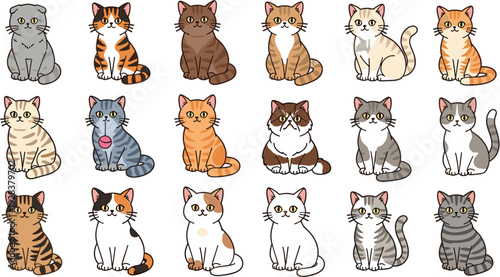 Cute Cartoon Cats Collection Different Breeds Colors Sitting Poses Adorable Kittens Vector Illustration Set