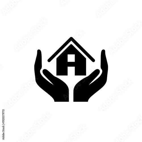 A black and white graphic of hands cupping a house with a pitched roof, on a white background