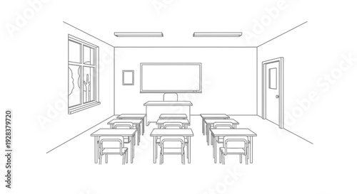 Classroom interior illustration with desks chairs window and interactive board