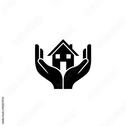 A black icon of a house held in two cupped hands, symbolising protection and security on white