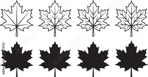 Four outline maple leaves and four solid black maple leaves arranged in two rows also transparent background