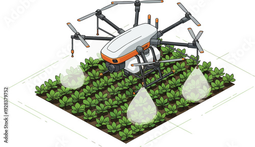 Autonomous drone spraying pesticide on agricultural crops in a field