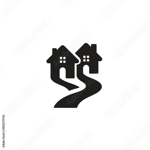 Illustration of two houses connected by a winding road, set on a white background