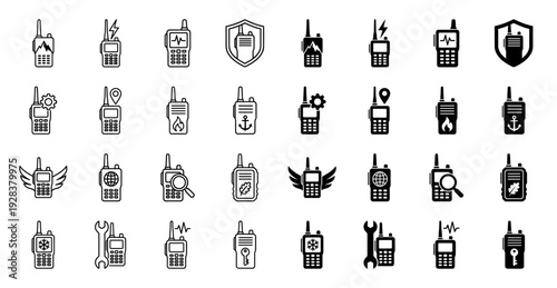 Professional walkie talkie icons featuring hybrid symbols for specialized radio communication in security maritime maintenance and outdoor industry sectors