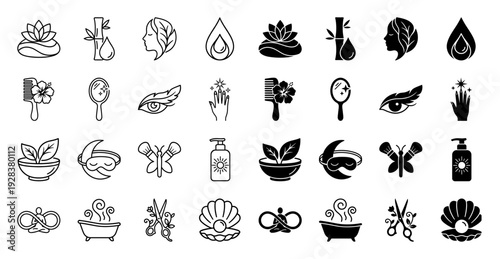 Wellness and beauty hybrid icon set featuring creative merges of nature elements with spa tools in outline and solid minimalist graphic styles