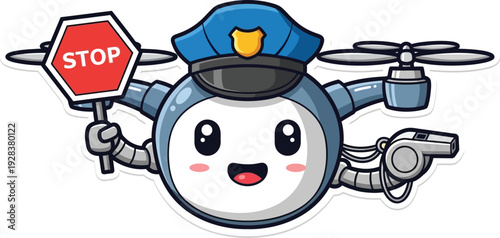 A whimsical cartoon drone with a police officer theme holding a stop sign