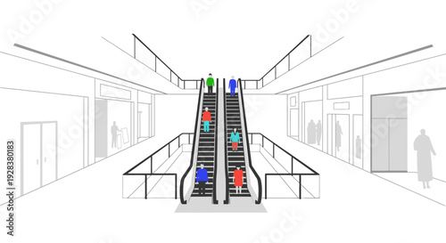 People riding escalators in modern interior illustration
