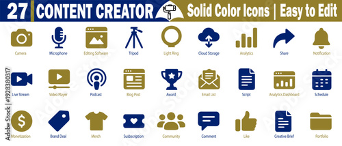 Content creators' solid color icons set. Featuring essential tools and elements for digital media production and online marketing, vector illustration.