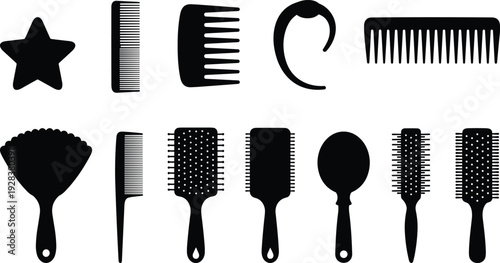 Black Hair Brush and Comb Silhouette Vector Set Featuring Various Salon Tools, Barber Accessories, and Hairdressing Equipment Isolated on White Background.