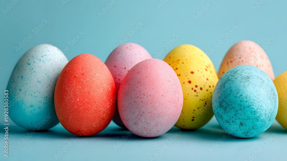 Obraz premium Colorful easter eggs on light blue background