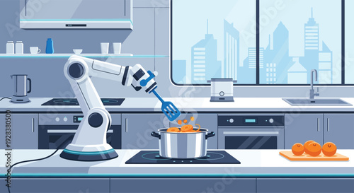 A futuristic robotic arm cooking in a modern kitchen setting with cityscape view.