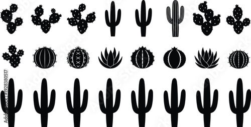 Black Cactus Silhouette Vector Icon Set Featuring Saguaro, Prickly Pear, and Desert Succulent Plants Isolated on White Background for Minimalist Design.