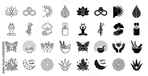 Wellness and holistic therapy icons featuring hybrid symbols merging nature elements with spiritual geometry in outline and solid black styles