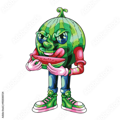 Crazy Watermelon Character Eating Fruit Slice, Psychedelic Cartoon Vector Design. Funny Watermelon Monster Illustration, Trippy Fruit Character Mascot Vector Design.