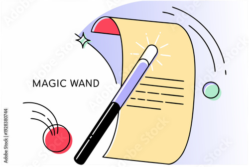 Magic wand above a paper with text lines. AI agent generates ready result from one prompt concept. Vector illustration for web page