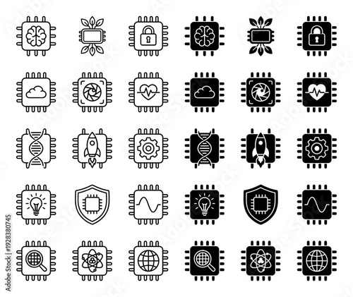 Collection of hybrid processor icons merging computer microchip silhouettes with symbols for biotechnology artificial intelligence and green energy