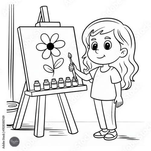 Cute little girl painting flower on easel, coloring book page, black and white vector line art