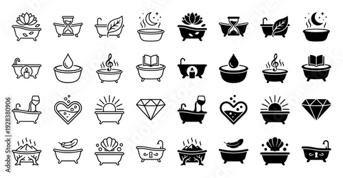 Wellness and self care hybrid icon set merging classic bathtub silhouettes with symbolic elements like lotus flower hourglass moon and musical note