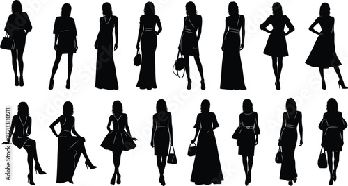 Black vector silhouette collection featuring female fashion models in various poses, evening gowns, stylish dresses, and casual apparel on white.