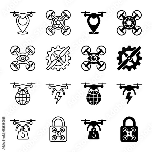 Collection of minimalist drone icons featuring hybrid conceptual designs merging quadcopters with location pins camera apertures globes and locks
