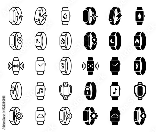 Smartwatch and fitness tracker icon set featuring hybrid biometric sensors for heart rate monitoring sleep tracking and mobile connectivity integration
