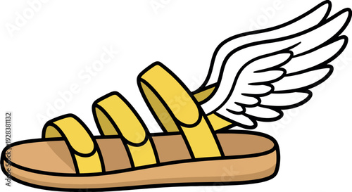 Yellow sandal with white feathered wings on a white background also transparent background winged sandal