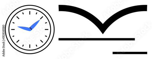 Time management, productivity concepts, scheduling, workflow, symbolic design, minimalism. A clock with blue hands and abstract lines and shapes. Time management and productivity