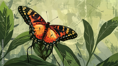 A vibrant butterfly illustration rests amidst lush greenery, showcasing intricate wing patterns and botanical details
