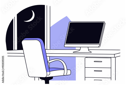 Empty office chair at a desk with a computer monitor by a window at night with a crescent moon. AI agent leaving shot. Vector illustration