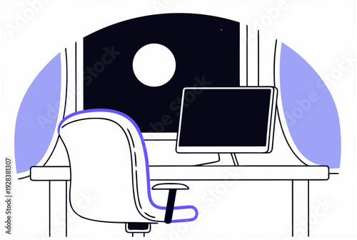 Empty home office desk with computer, chair, curtains, and night window with moon, symbolizing AI agents departure. Vector illustration for concept design