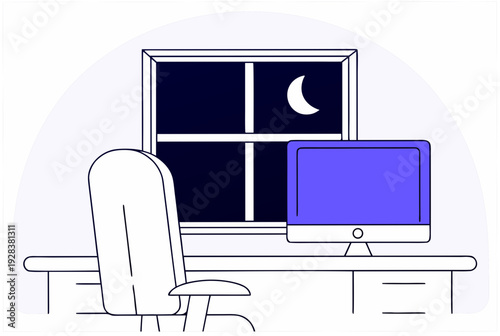 Empty office chair at a desk with a monitor in front of a window at night with a crescent moon. AI agent leaving shot concept. Vector illustration