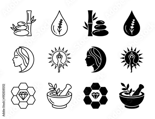 Wellness and holistic health icon set featuring hybrid symbols merging bamboo with zen stones lavender oil drops and yoga figures in sun