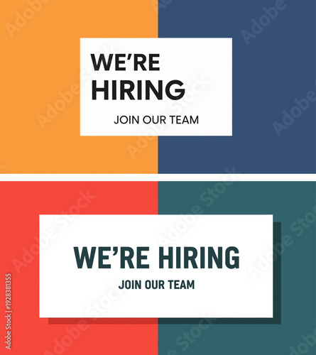 A recruitment advertisement with multiple colored panels and text overlays announcing a job opening to join a team