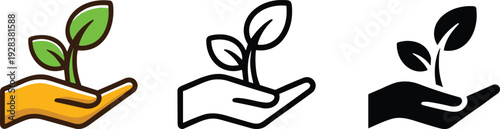 Hand holding plant sprout icon set in color, outline and solid style, eco friendly growth symbol vector illustration isolated on white background.