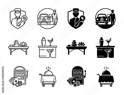 Luxury hotel and casino services icon set featuring hybrid symbols of valet parking concierge spa wellness fine dining and gambling entertainment