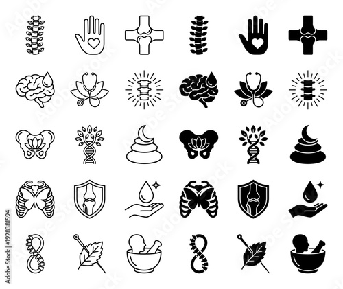 Holistic medical and chiropractic icon set featuring hybrid spinal cord leaf dna and butterfly ribcage symbols in line and solid styles