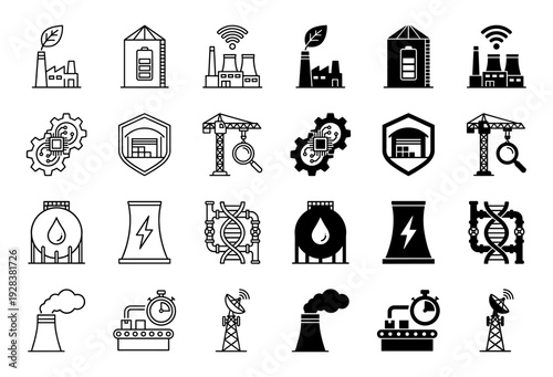 Industrial hybrid icon set merging manufacturing symbols with renewable energy biotechnology and smart logistics in linear and solid styles