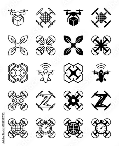 Set of minimalist hybrid drone icons featuring delivery boxes solar panels organic leaves gear mechanisms and global navigation symbols in line and solid styles