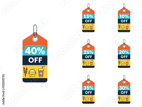 Discount tags with various percentage off labels displayed together on a white background