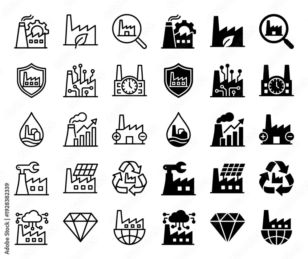 Fototapeta premium Industrial manufacturing icon set featuring hybrid symbols of factory buildings merged with green energy leaves gears solar panels and data cloud graphics
