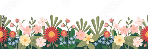 Seamless horizontal floral border featuring layered pastel flowers and lush green foliage on a clean white background.