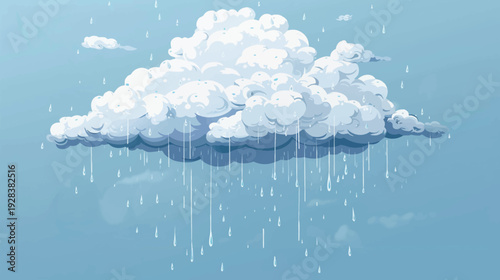 Stylized rain cloud with thick raindrops falling in a blue sky backdrop