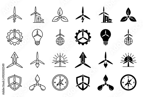 Wind turbine hybrid icon set merging renewable energy symbols with house gear lightbulb globe plug shield leaf and sun in outline and solid style
