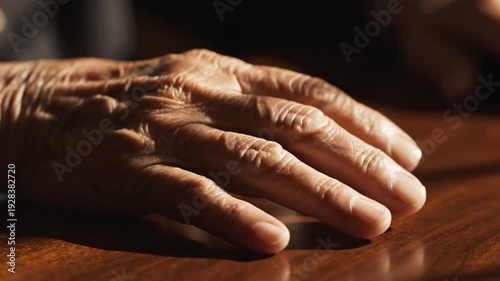 Close-up of an elderly hand resting on a wooden surface, soft lighting