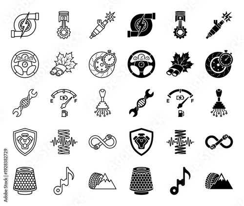 Hybrid automotive engineering icons merging car parts with abstract symbols like DNA wrench lightning turbo and mountain tire in outline and solid style