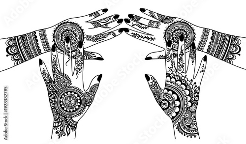 Henna tattoo female hands decorative frame vector template for wedding invitation and salon banner design