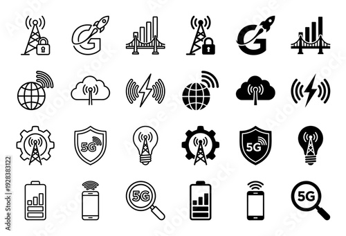 Collection of hybrid 5G telecommunication icons merging cellular towers with security locks rocket ships power lightning and network signal symbols