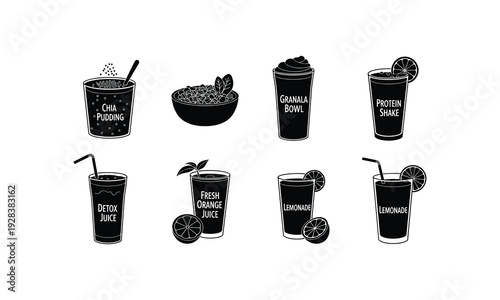 Collection of healthy beverages and breakfast items in black and white